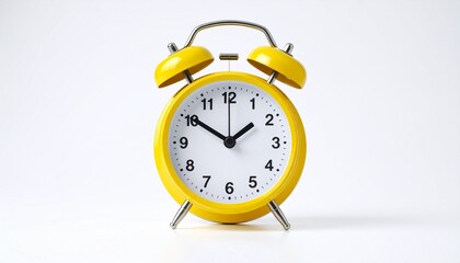 Yellow twin-bell alarm clock set to 10:10, isolated on a clean white background.