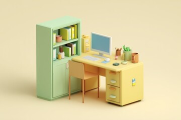 3D pastel home office desk with computer, books, and stationery arranged in a neat setup.
A charming workspace diorama styled in soft pink and yellow tones.
