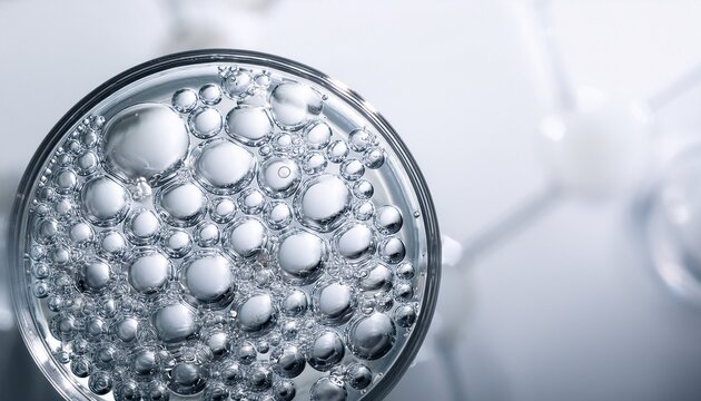 hyaluronic acid skincare serum beauty concept molecules close up macro detail against white bright background cosmetic nourishing product