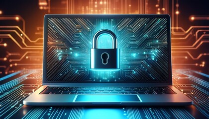 laptop displaying digital lock symbol representing cyber security and encryption technology background features circuit board design emphasizing data protection and secure information