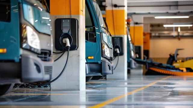 Electric trucks charging at indoor station.