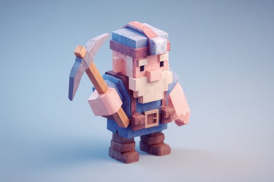 3D pixel-style miner character holding a pickaxe with a rugged beard and helmet.
A charming voxel adventurer inspired by fantasy mining and retro game worlds.
