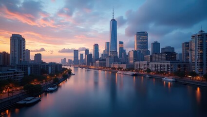 Obraz premium City skyline at sunrise over a calm river.