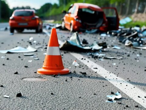 Close-up of an orange traffic cone placed amid car crash debris, with a wrecked automobile in the background, highlighting road safety and accident response measures
