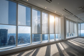 Modern office with city view window shades