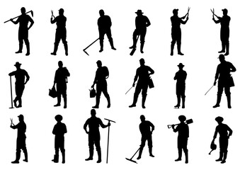 Naklejka premium A vector set of black silhouette illustrations of various farmers performing agricultural work.