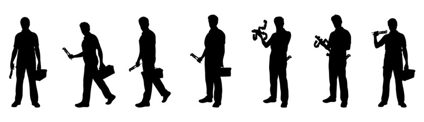 A series of vector sets of black silhouettes of technicians showing different stages of work.