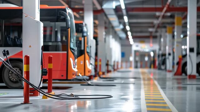 Electric buses charging at indoor station with power supply units.