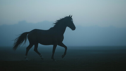 A silhouetted horse with a flowing mane trots across a field in the misty blue twilight.