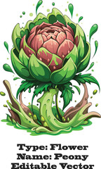 Pink peony bloom with green foliage and water droplets flower