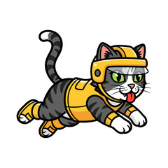 Cartoon Cat in Yellow Sports Suit and Helmet Running or Leaping Illustration
