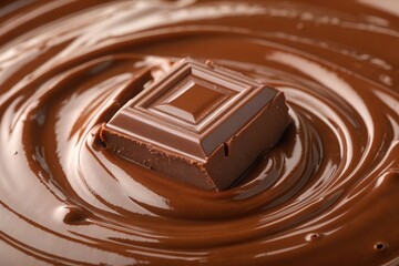 Delicious close-up of a creamy milk chocolate square melting in smooth, swirling chocolate. Perfect for dessert, confectionery, or sweet-themed content. Chocolate Bar in Swirling Melted Chocolate 