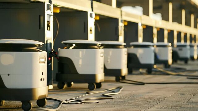 Row of autonomous delivery robots charging in sunlight