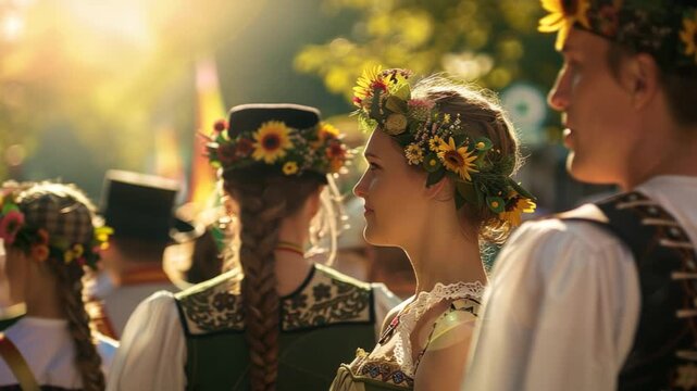 Women in traditional dresses at Oktoberfest with sunlit background