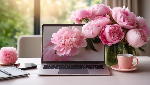 stylish pink peony workspace a feminine workspace with pink peonies a coffee mug and a laptop exuding style and elegance