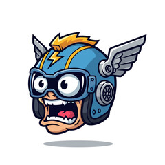 Terrified Cartoon Head Wearing Winged Motorcycle Helmet with Lightning Bolt