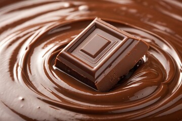 Delicious close-up of a creamy milk chocolate square melting in smooth, swirling chocolate. Perfect for dessert, confectionery, or sweet-themed content. Chocolate Bar in Swirling Melted Chocolate 