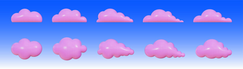 Playful retro bubble design featuring 3D inflated clouds in vibrant pink against a soft blue background.