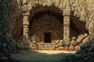 Obraz premium Abandoned Stone Cavern Surrounded by Rock and Shadowy Atmosphere