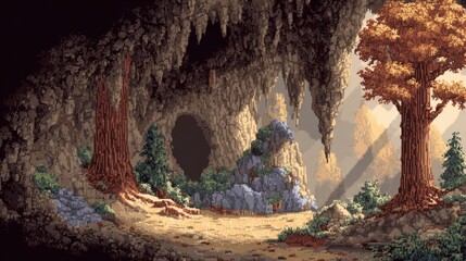Obraz premium Enchanted Cave Landscape with Natural Elements and Light Rays