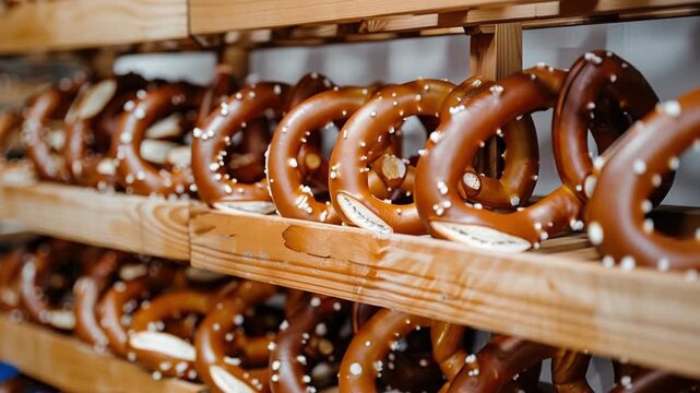 Fresh pretzels on wooden racks at German festival