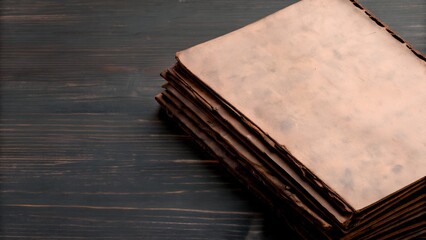 Obraz premium Stack of Vintage Leatherbound Books on Dark Wooden Surface