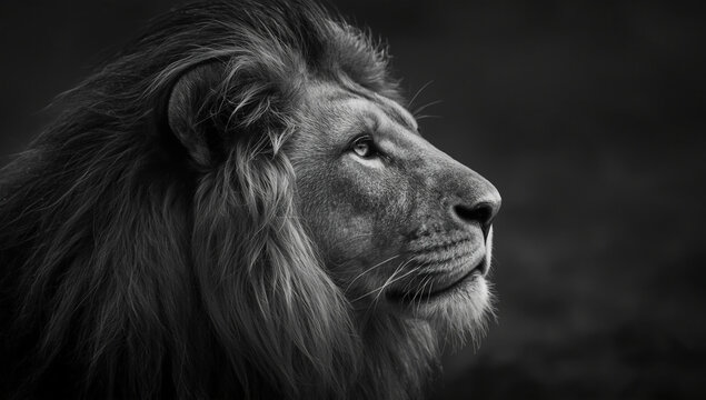 A majestic male lion in a black and white profile portrait, gazing powerfully into the distance. - Powered by Adobe