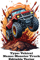 Red monster truck jumping over dirt and explosions red truck off road