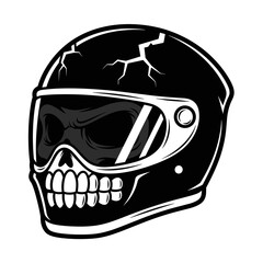 Gritty Black and White Skull Inside a Cracked Motorcycle Helmet
