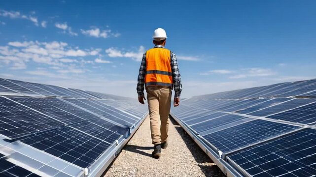 A worker inspects solar panels under a clear blue sky.