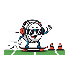 Cool Baseball Character Mascot Skateboarding with Sunglasses and Headphones on Green Field