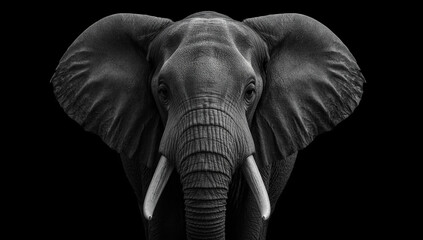 A majestic African elephant stares forward in a dramatic, high-contrast black and white portrait against a black background.
