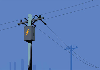 Electric utility pole, power transformer box, high voltage lines, electricity distribution, urban background, blue sky, energy infrastructure, safety