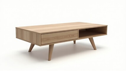 Light beige wooden coffee table with a drawer and open shelf.
