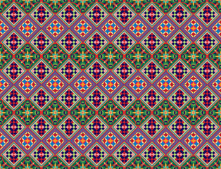 Mexican indian design with tribal ethnic themes on a geometric seamless background Beautiful textile print with native American tribal elements in an ethnic traditional style. Folk fashion from Mexico