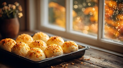 Homemade bread rolls on a baking sheet by a window.
