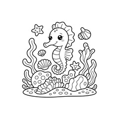 Obraz premium Adorable Seahorse in Underwater Scene Line Art Illustration