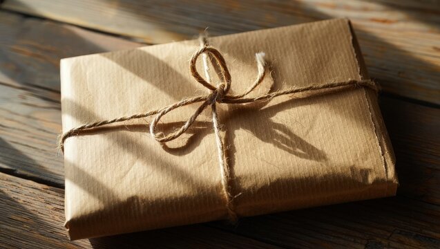 A brown paper wrapped gift with twine on a wooden surface in sunlight casting shadows on the package