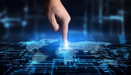world economy in crisis a hand with an extended index finger is about to touch or interact with a glowing digital grid surface