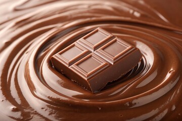 Delicious close-up of a creamy milk chocolate square melting in smooth, swirling chocolate. Perfect for dessert, confectionery, or sweet-themed content. Chocolate Bar in Swirling Melted Chocolate 