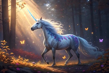 White Unicorn with Blue Horn and Purple Flowers in a Forest