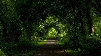 Naklejka premium Sunlit path through a lush green forest.