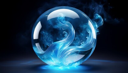 a crystal magic sphere with flowing blue smoke