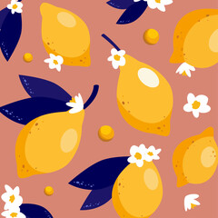 Beautiful pattern with fresh lemons with leaves and flowers in sunny Mediterranean style. Ready summer print design for wallpapers, wrappings, textile. Healthy food, diet and detox concept. Flat lay