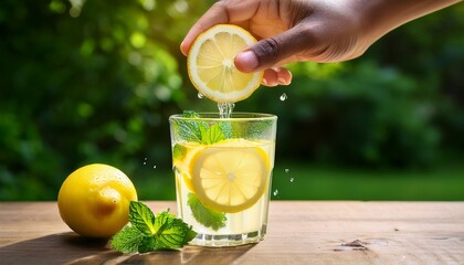 hand squeezes fresh lemon into refreshing summer lemonade creating a cool bright and delicious drink with mint against a lush green backdrop