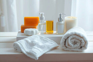 Spa Day Essentials Candles, Soaps, and Towels on a Rustic Wooden Surface