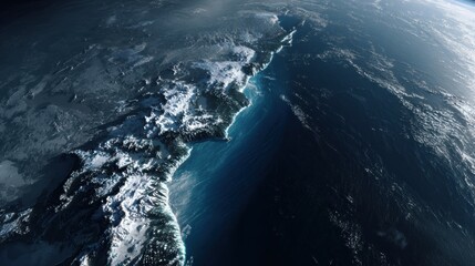 Aerial View of Earth’s Coastline with Ocean Waves and Snow-Capped Mountains