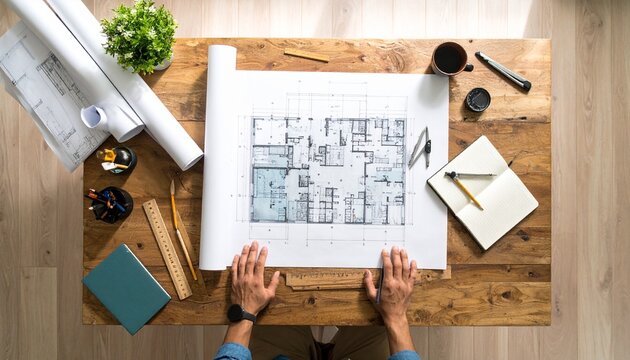 Professional architect reviewing building blueprints at a wooden desk, a top-down view of the workspace