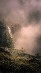 Fototapeta premium Misty waterfall mountain landscape