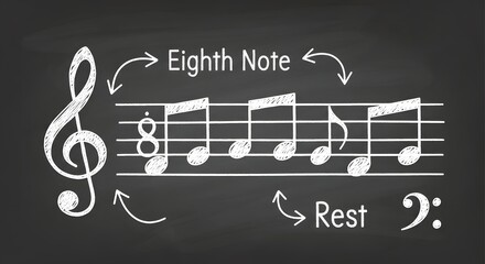 Learn the basics of music theory with clear examples of eighth notes and rests drawn on a chalkboard for educational purposes